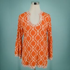 Escapada Size Small S Orange Geo Beaded Long Sleeve Vacation Resort Tunic Top